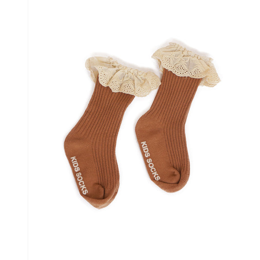 Ruffle Trim Socks / Brown & beige